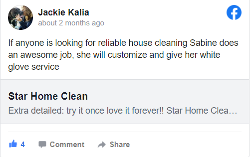 If anyone is looking for reliable house cleaning Sabine does an awesome job, she will customize and give her white glove service